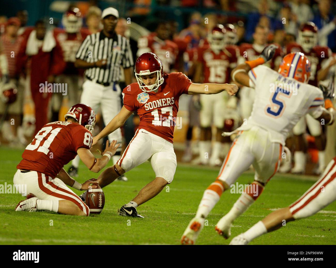 Oklahoma's Jimmy Stevens kicks during the BCS Championship NCAA college