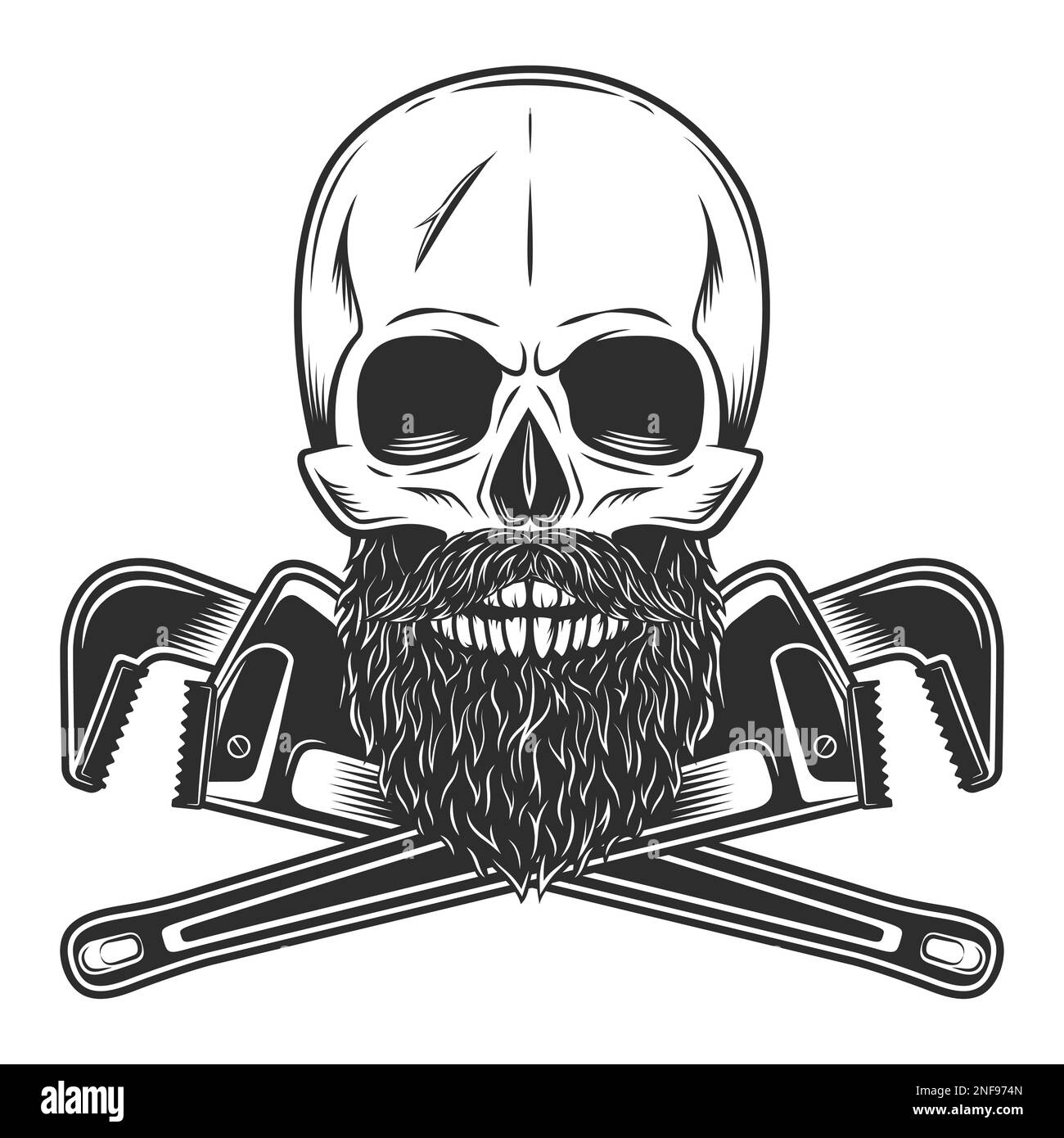 Vintage skull with mustache and beard with construction wrench for gas and builder plumbing pipe or body shop mechanic spanner repair tool Stock Vector
