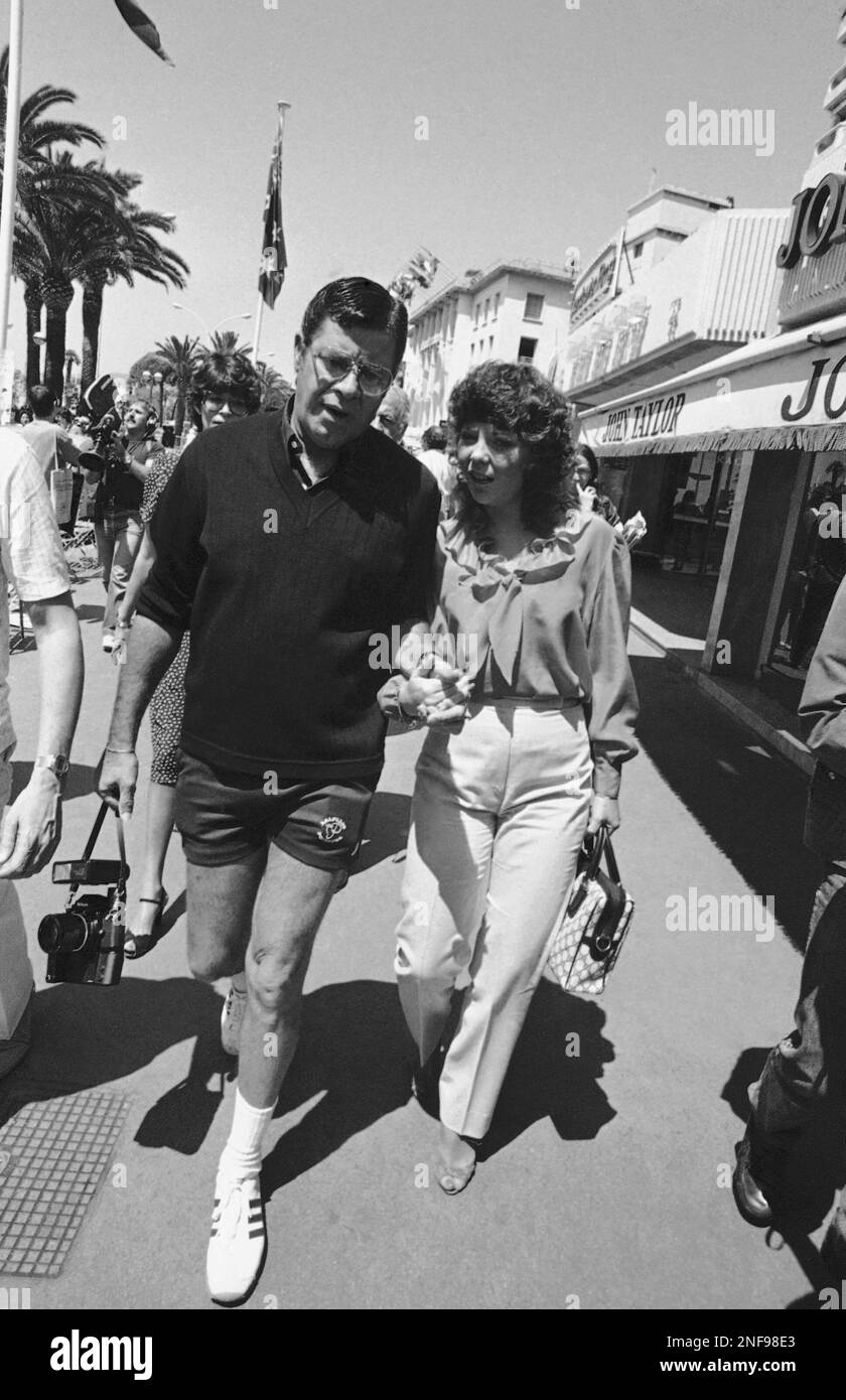 American actor Jerry Lewis walks hand in hand with fiancee SanDee