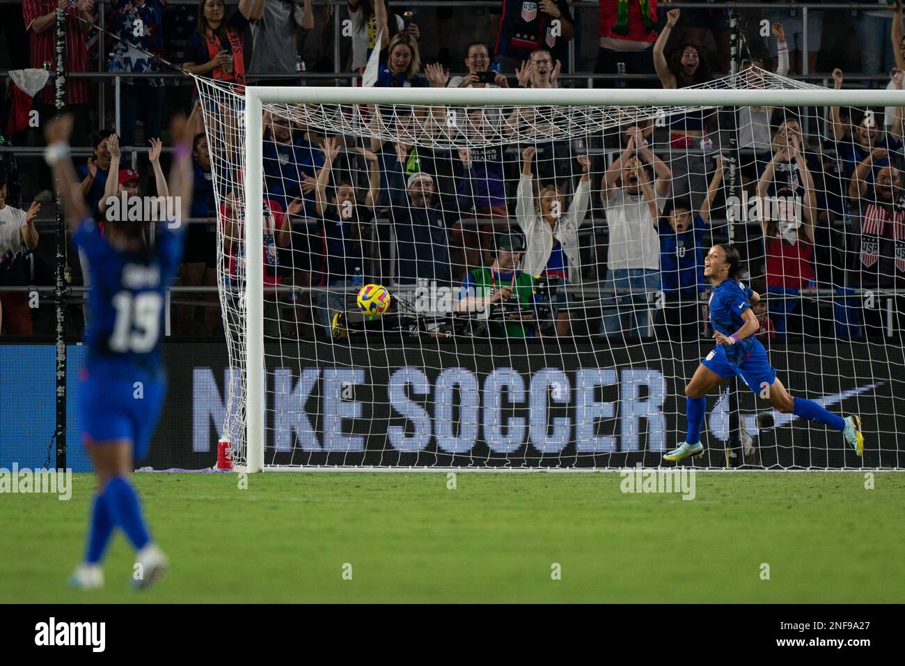 Orlando, United States. 16th Feb, 2023. Orlando, USA, February 16th 2023: Mallory Swanson (9 USA) celebrates after scoring her second goal of the night during the She Believes Cup game between USA and Canada at Exploria Stadium in Orlando, FL (Andrea Vilchez/SPP) Credit: SPP Sport Press Photo. /Alamy Live News Stock Photo