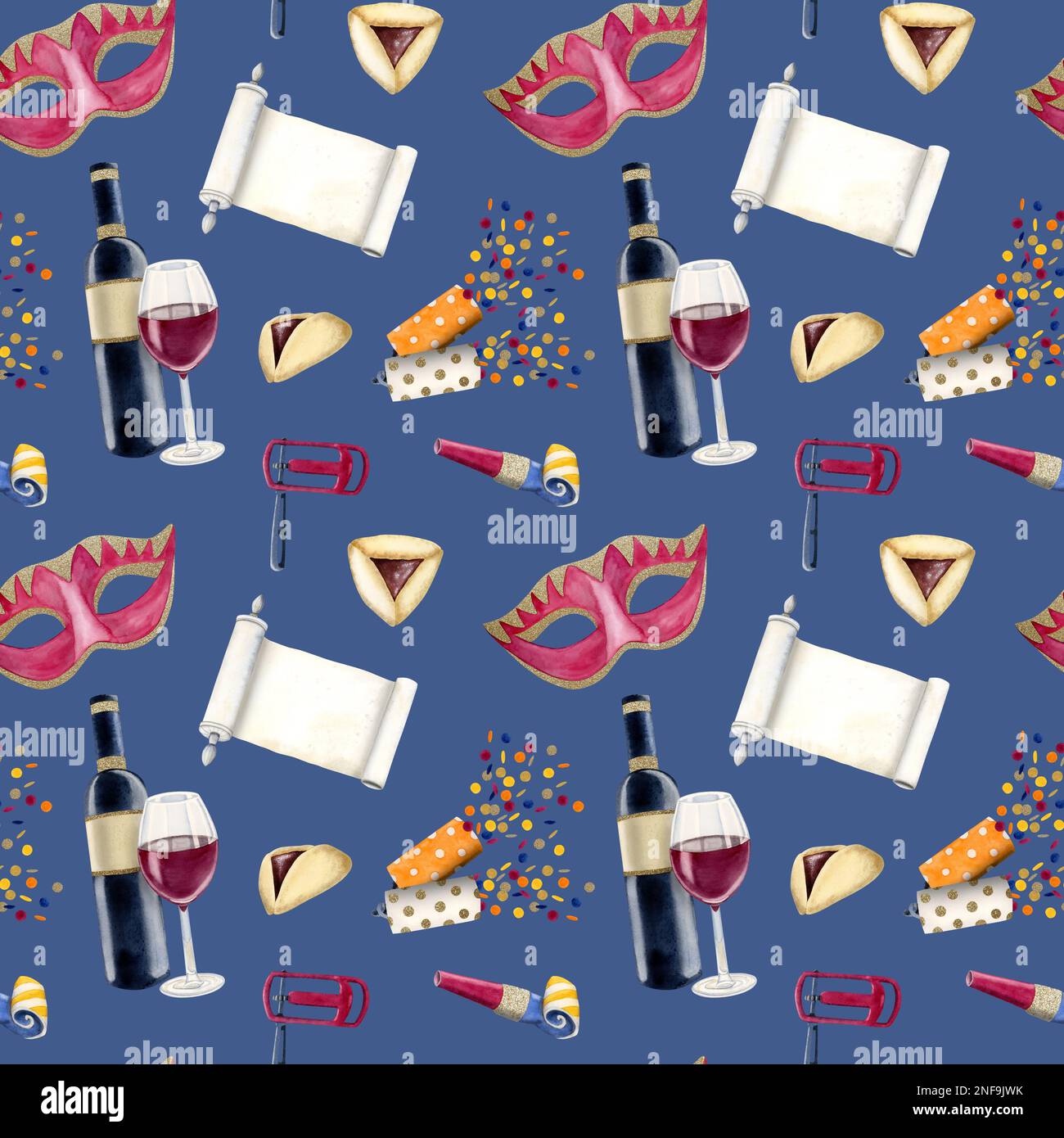 Watercolor Jewish Purim seamless pattern on blue with carnival masks, wine, Torah scroll, rattler and hamantaschen cookies. Stock Photo