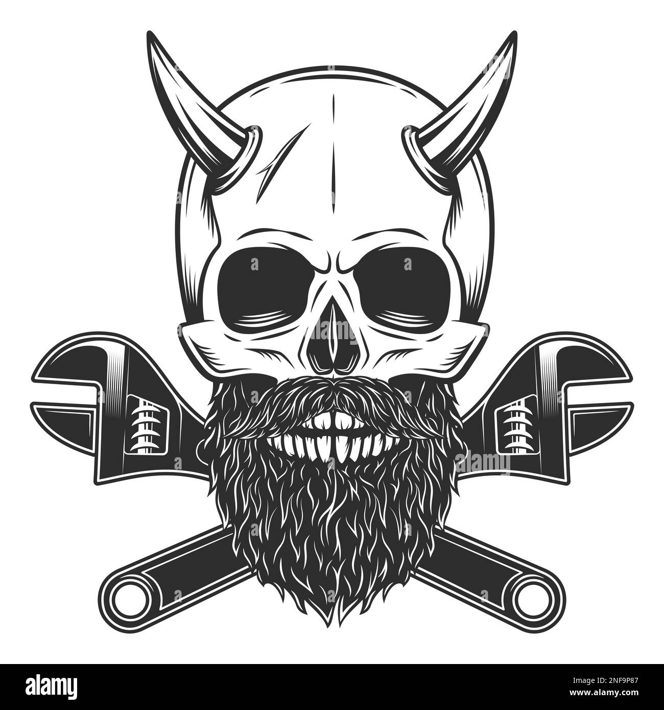 Skull with horn and mustache with beard and construction wrench for gas and builder plumbing pipe or body shop mechanic spanner repair tool Stock Vector