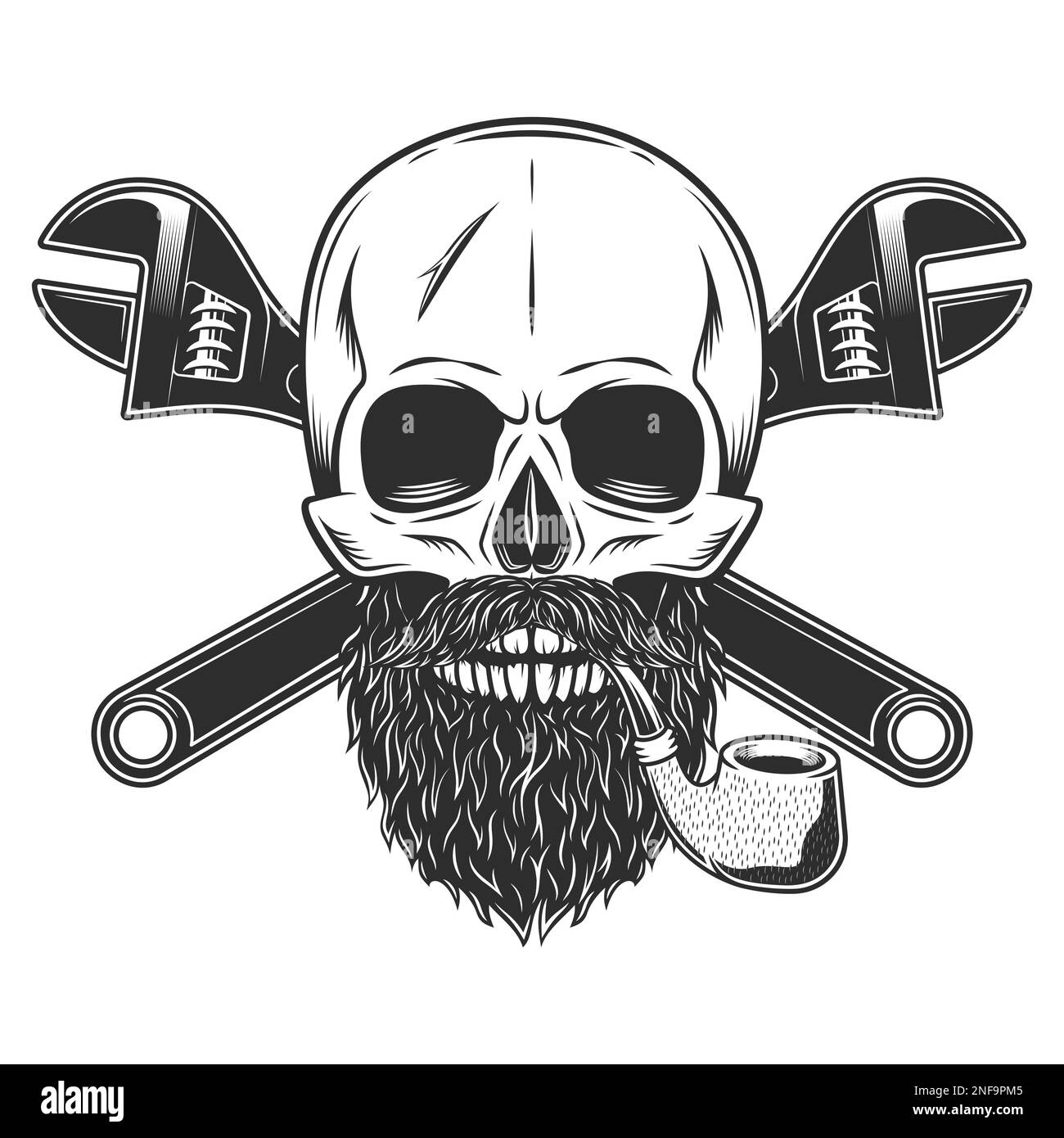 Mustache and beard skull smoking pipe with construction wrench for gas and builder plumbing pipe or body shop mechanic spanner repair tool Stock Vector
