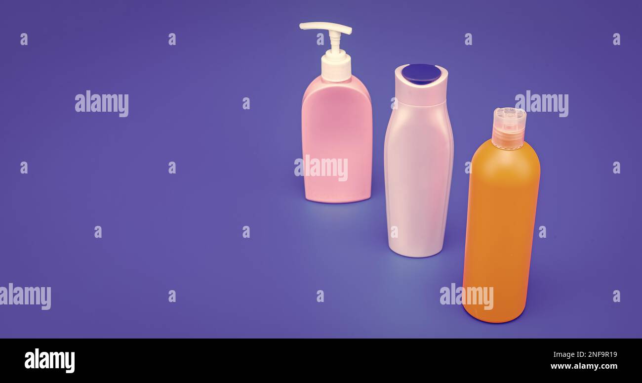 For liquid storing. Bottles with flip cap and pump dispenser. Cosmetic