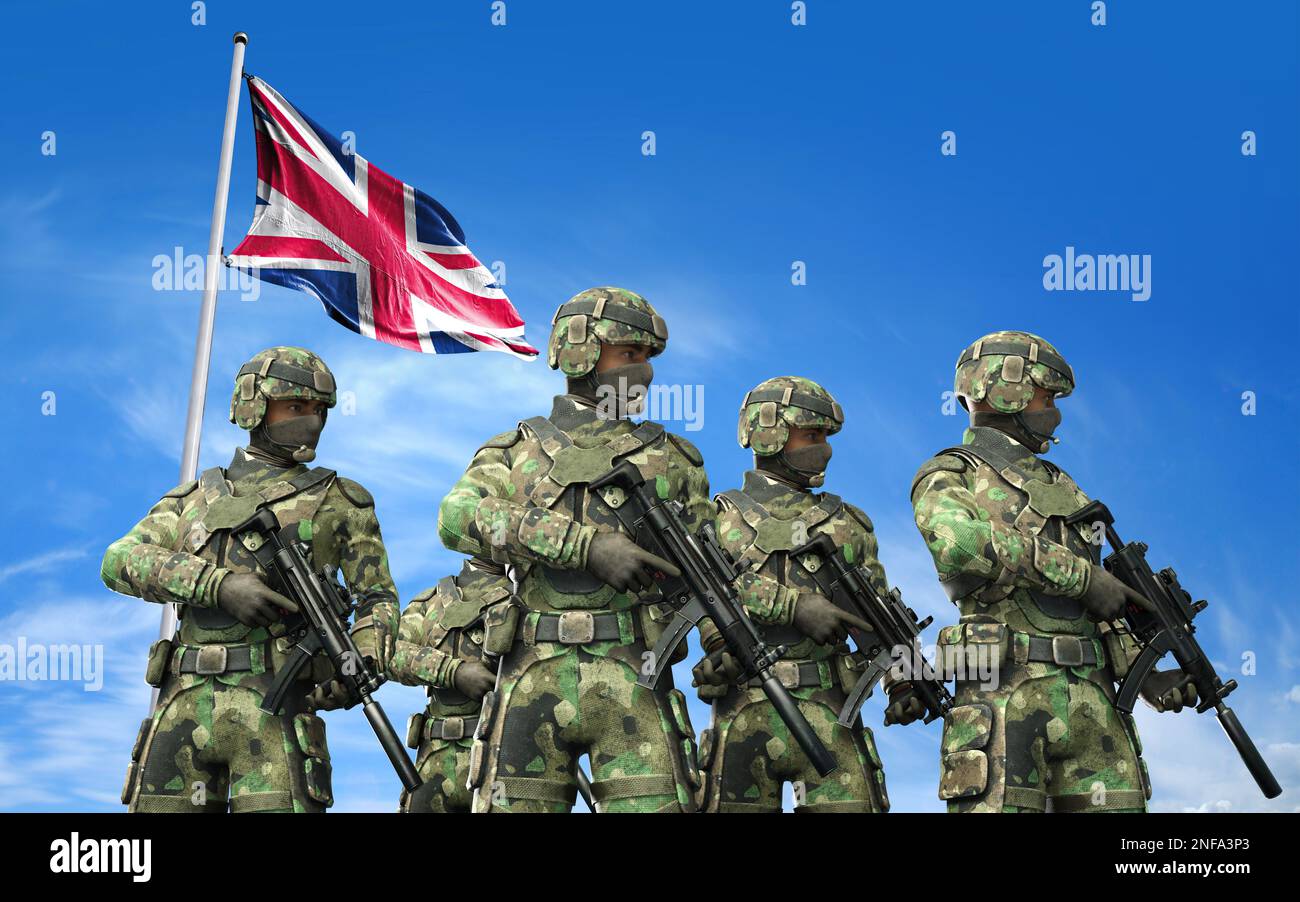 3d Illustration of UK army soldier with nation flag. Greeting card for Veterans Day, Memorial Day, Independence Day. United kingdom celebration. Stock Photo
