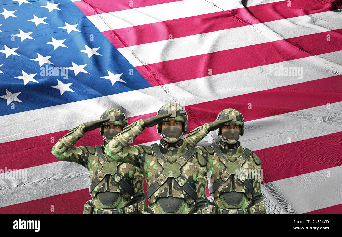 3d illustration of USA army soldier with nation flag. Greeting card for Veterans Day, Memorial Day, Independence Day. America celebration. Stock Photo