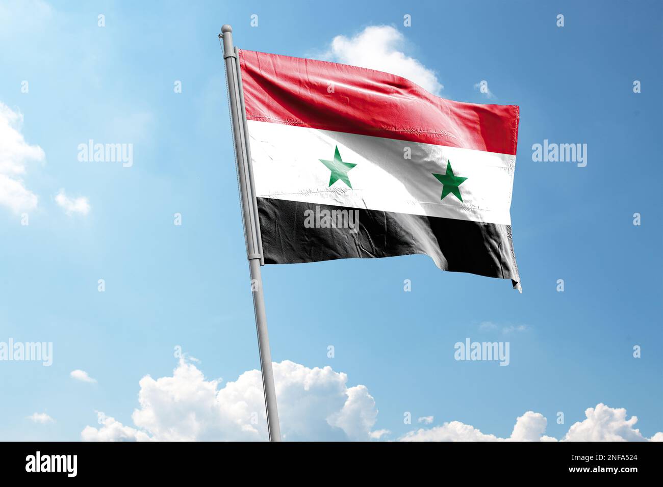 3d Illustration of Syria national flag waving in the sky with clipping path. Stock Photo