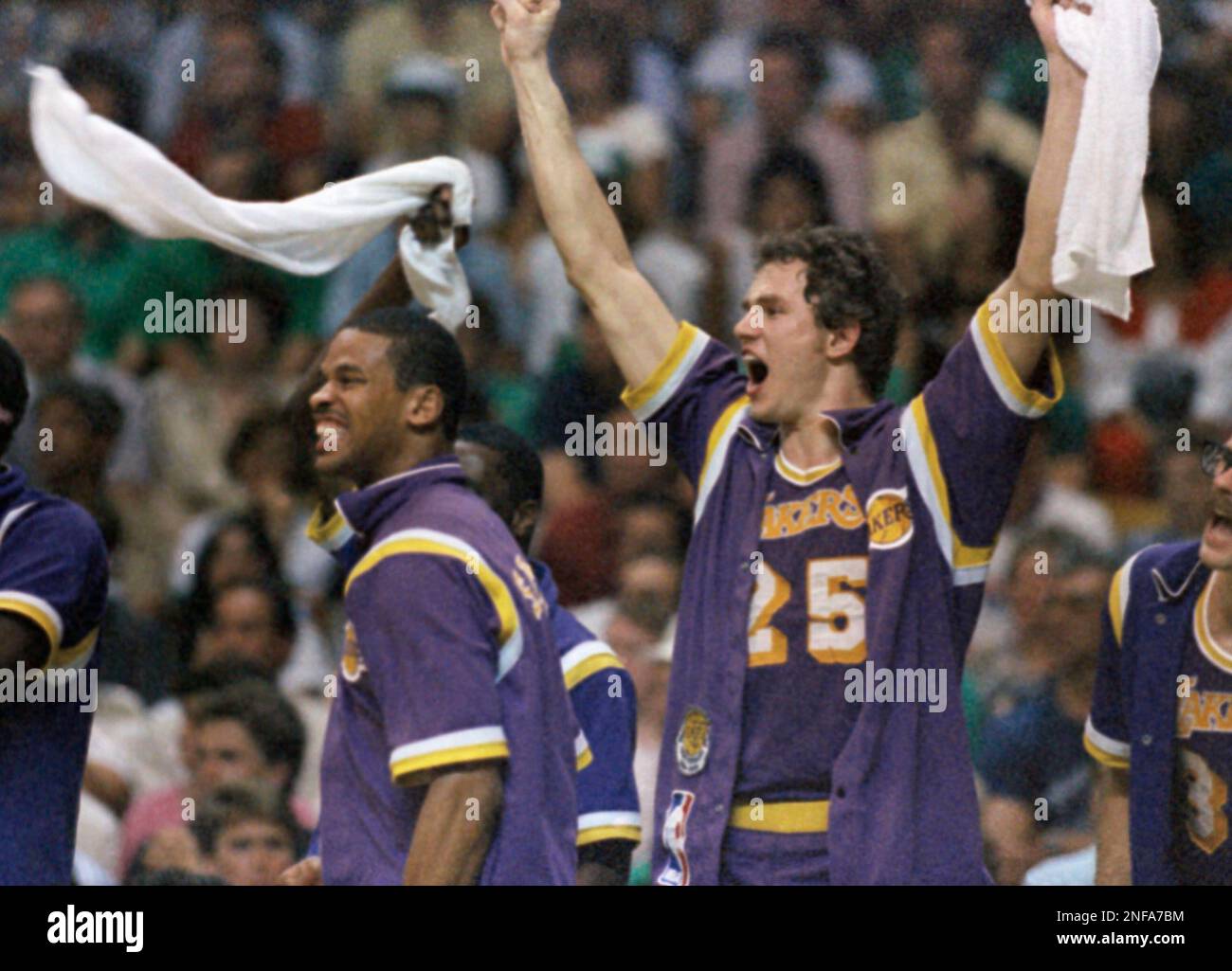 Los Angeles Lakers Larry Spriggs (35) and Magic Johnson (32) defense Boston  Celtics Larry Bird during NBA Championships in Los Angeles, June 5, 1985.  (AP Photo Stock Photo - Alamy