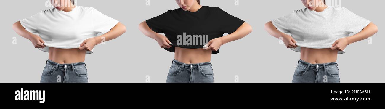 Mockup of white, black, heather crop top on a girl with a bare stomach, canvas bella t-shirt set, isolated on background. Women's shirt, casual wear. Stock Photo