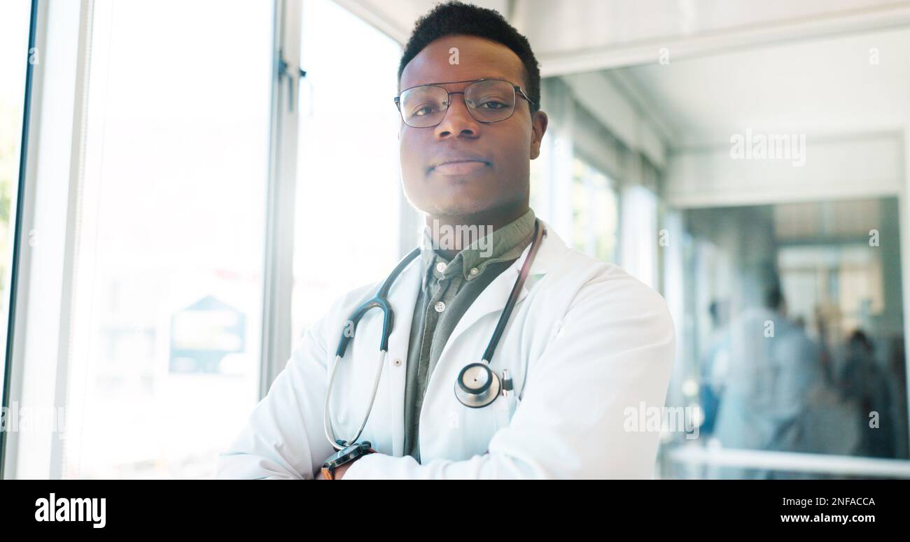 Black man, face or doctor arms crossed in hospital with surgery ideas ...