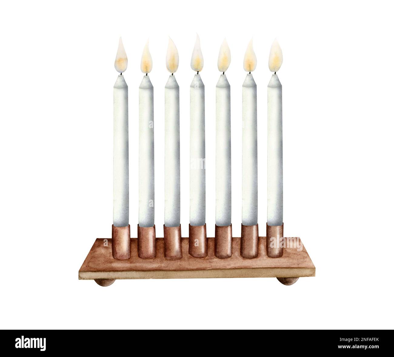Watercolor bronze candlestick with seven burning candles, watercolor