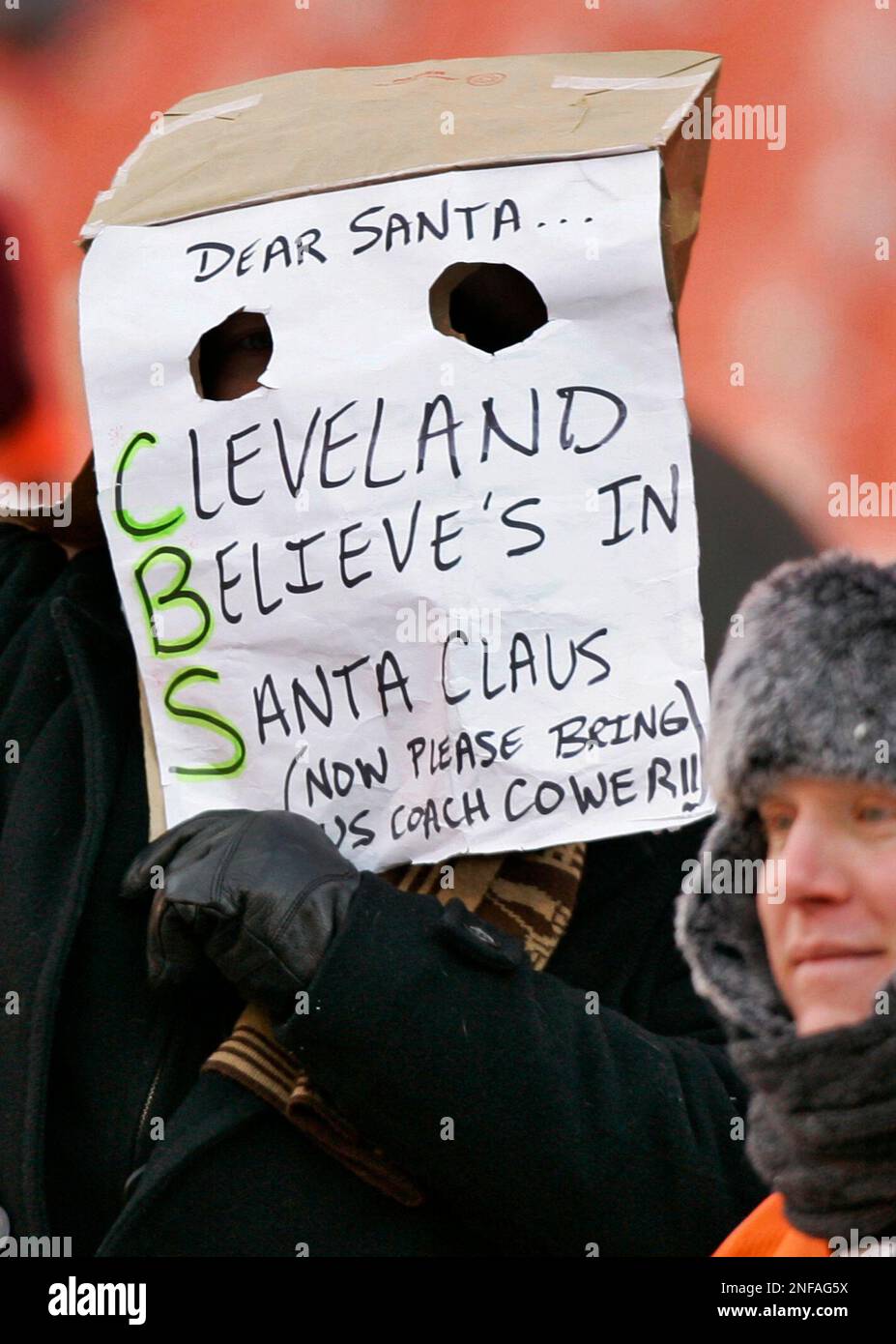 Cleveland Browns fan wears a bag over his head at FirstEnergy