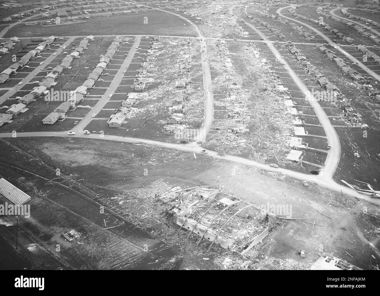 This is an aerial view of the destructive path of the tornado that hit ...