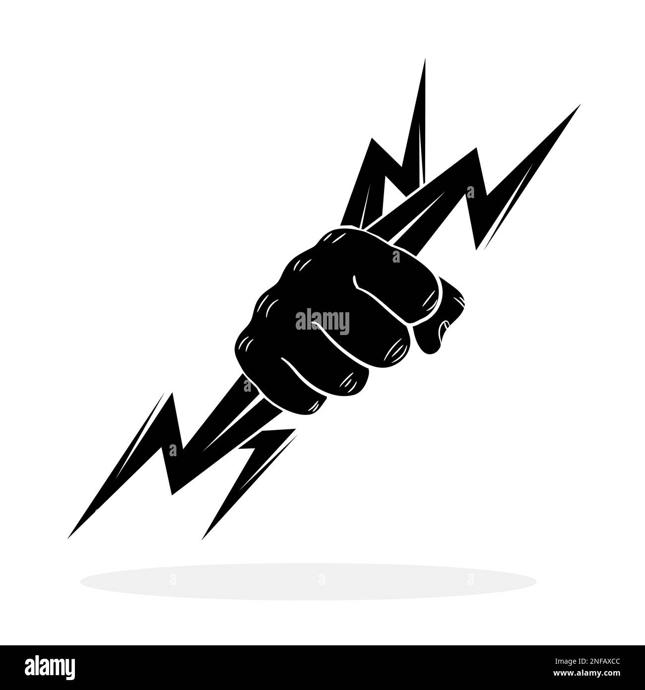 Fist with lightning. Hand holding thunderbolt. Power in hand. Abstract logo design. Vector illustration. Stock Vector