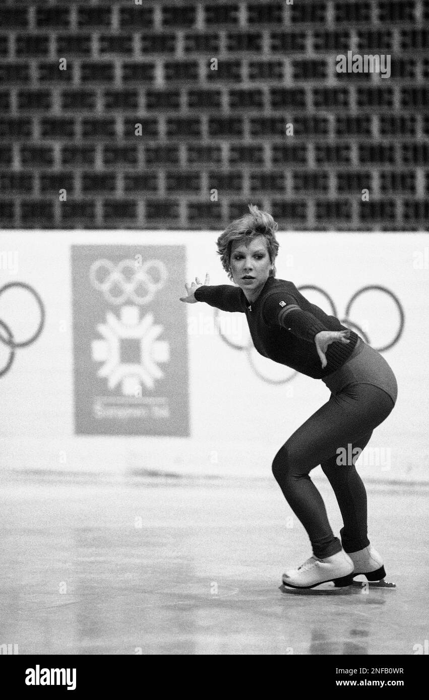 Elaine Zayak of Paramus, N.J., rehearses on the ice for her Olympic