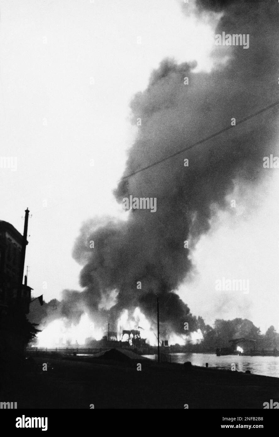Polish oil and gas tanks are set aflame by the bombardment of German