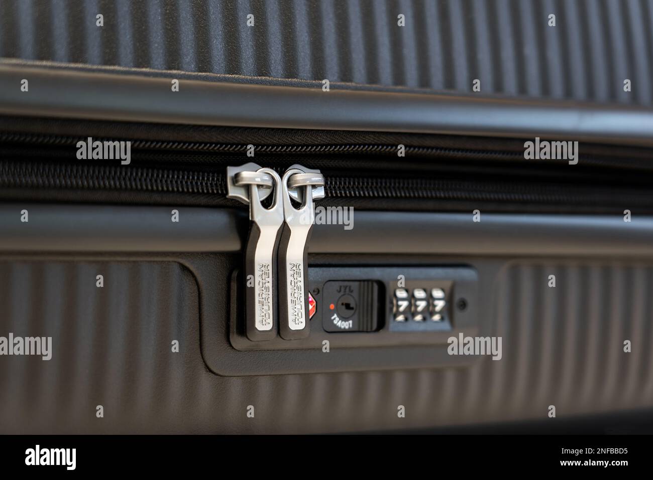 Novi Sad, Serbia 29 January, 2023 Closeup of American tourister suitcase with focus on the
