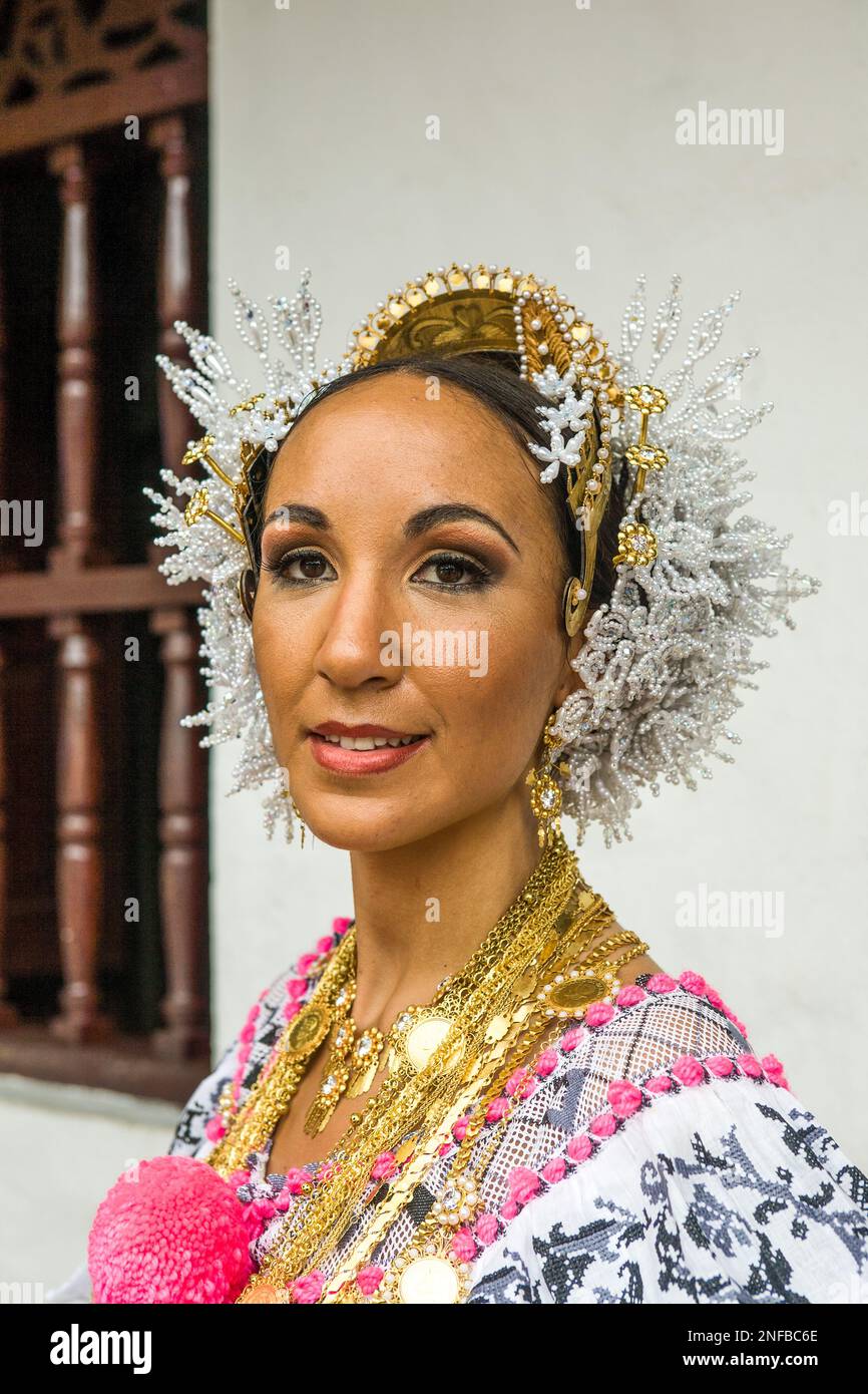 Panamanian woman in a colorful traditional pollera, the national dress