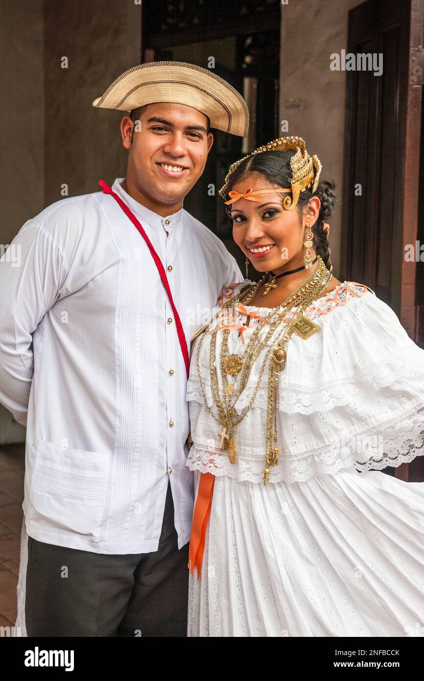 A Panamanian man and woman in traditional dress. The woman wears a