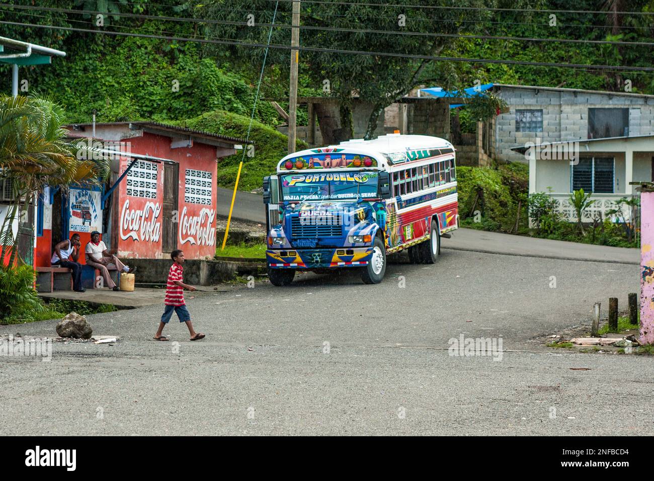 The Diablos Rojos or Red Devils are a common form of public transportation in Panama.  They were originally school buses in the U.S. which were retire Stock Photo
