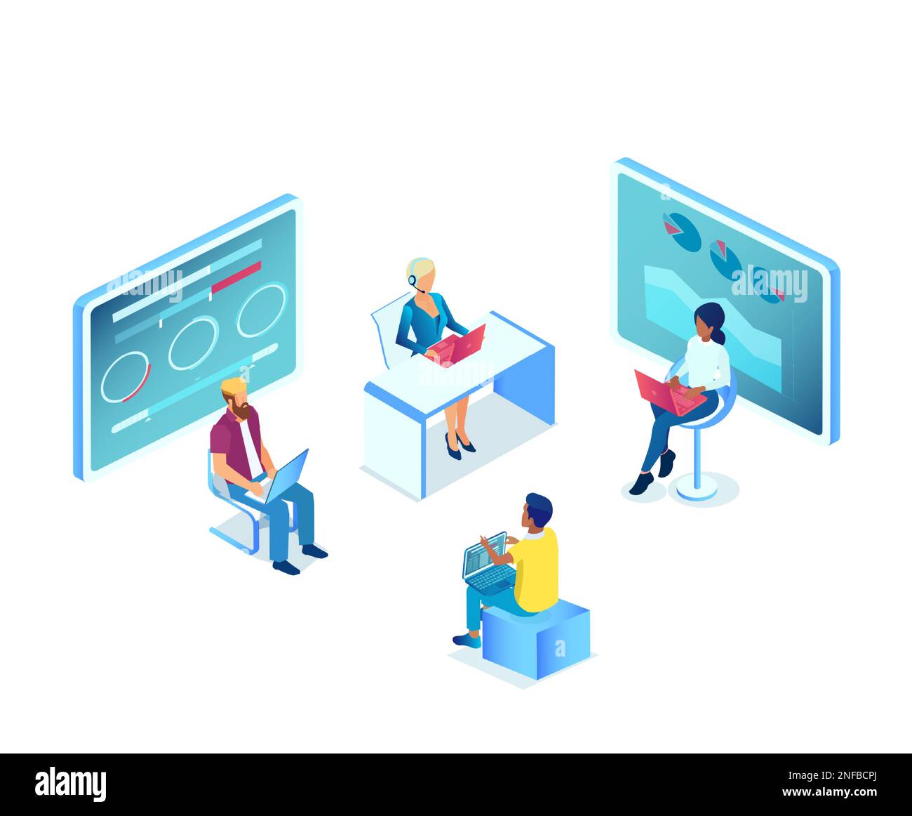 Vector of a group of people working on computers analysis charts and graph data Stock Vector