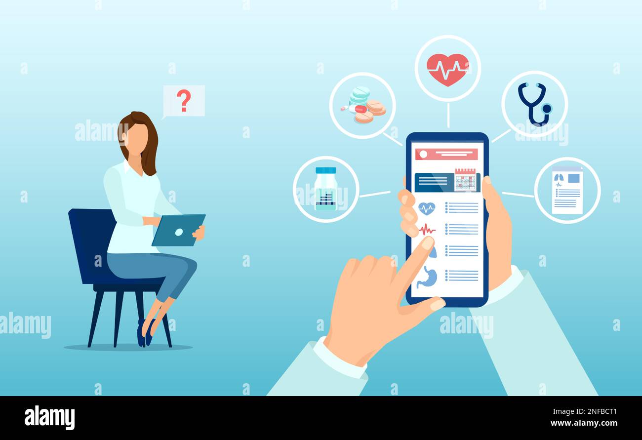 Online medicine concept. Vector of a doctor answering patient questions