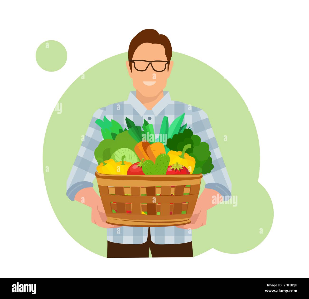 Vector of a young farmer holding a basket with fresh vegetables Stock Vector