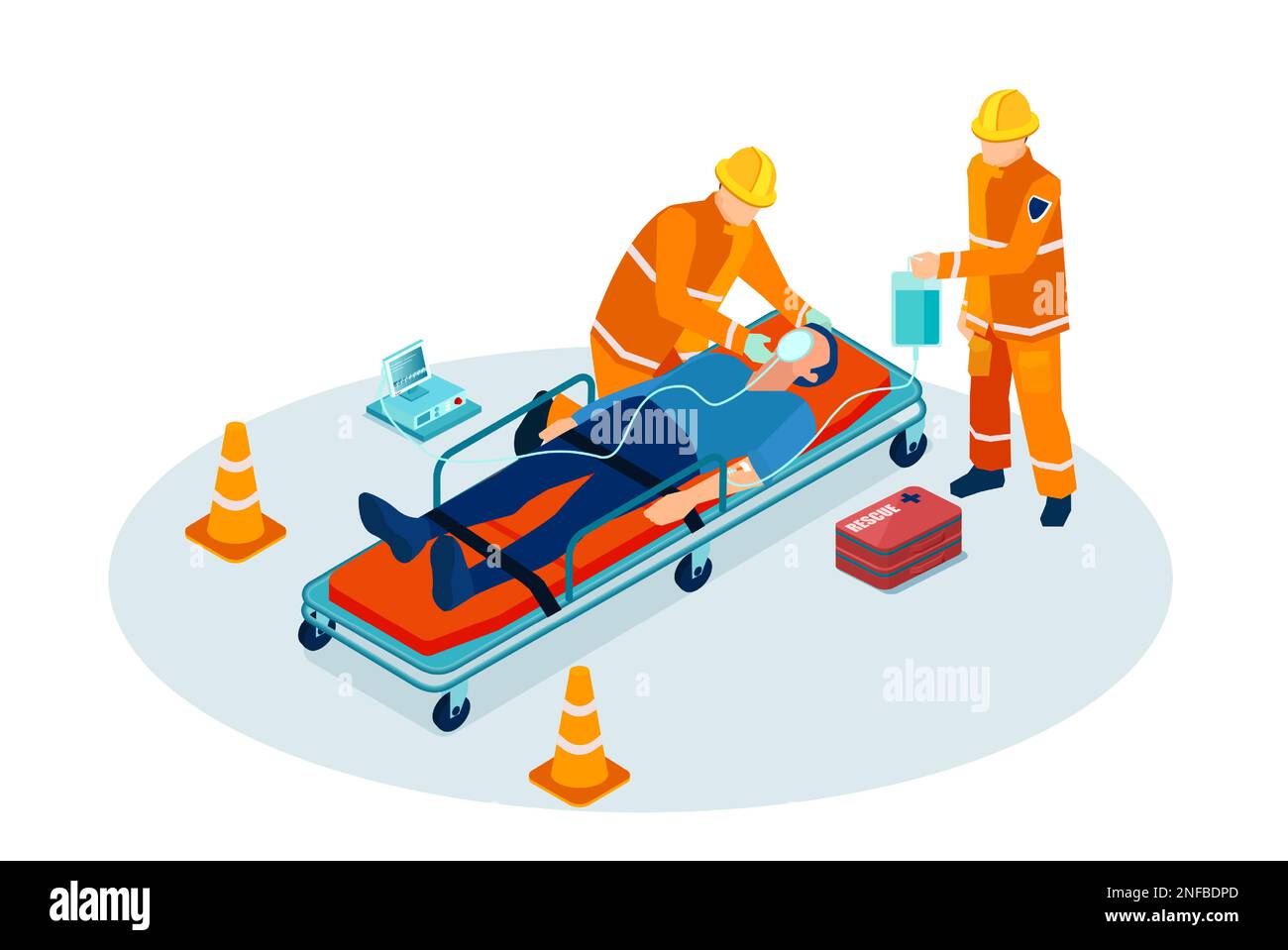 Isometric vector of a rescue team, paramedics giving first aid help to a trauma patient Stock Vector
