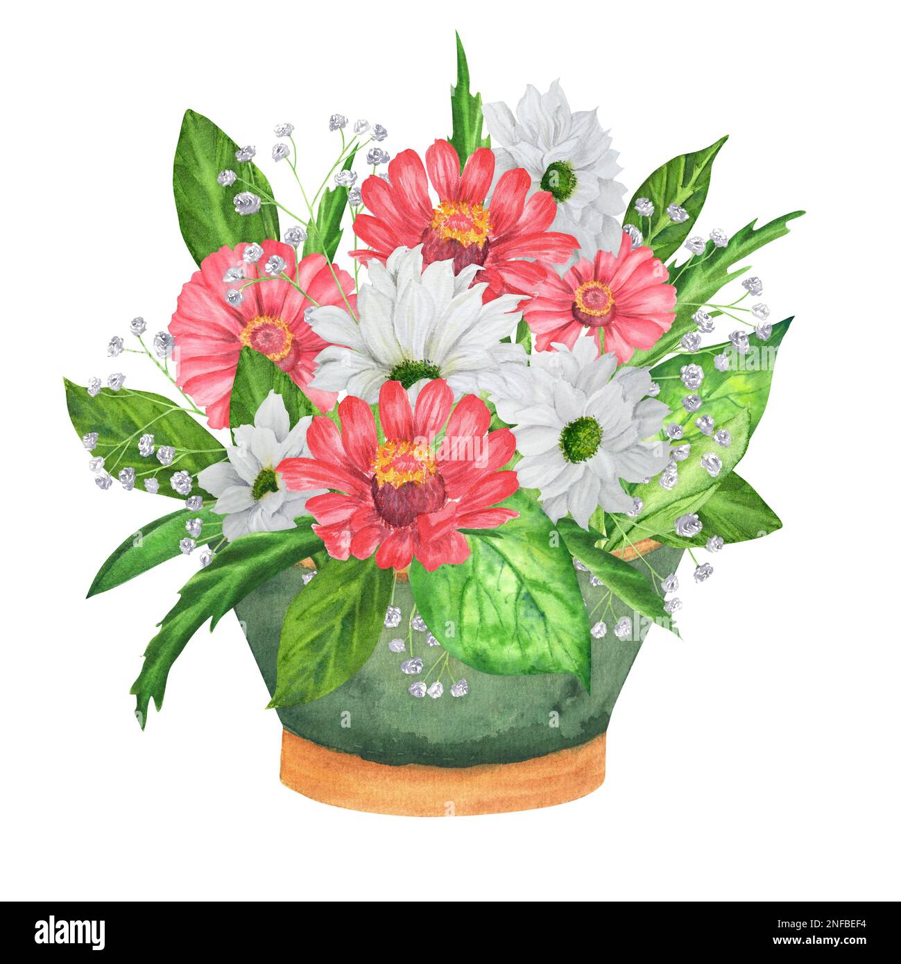 Hand-drawn watercolor garden pot with flowers. A small part of the big set BIRDS GARDEN Stock Photo