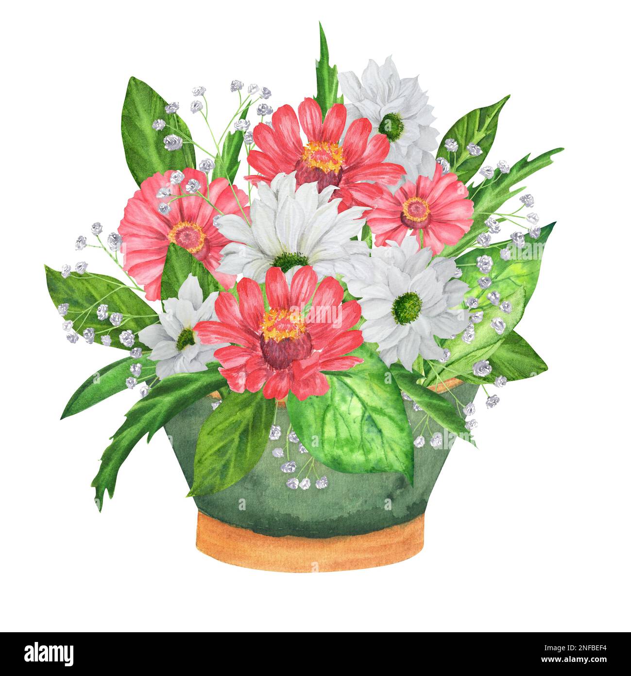 Hand-drawn watercolor garden pot with flowers. A small part of the big set BIRDS GARDEN Stock Photo