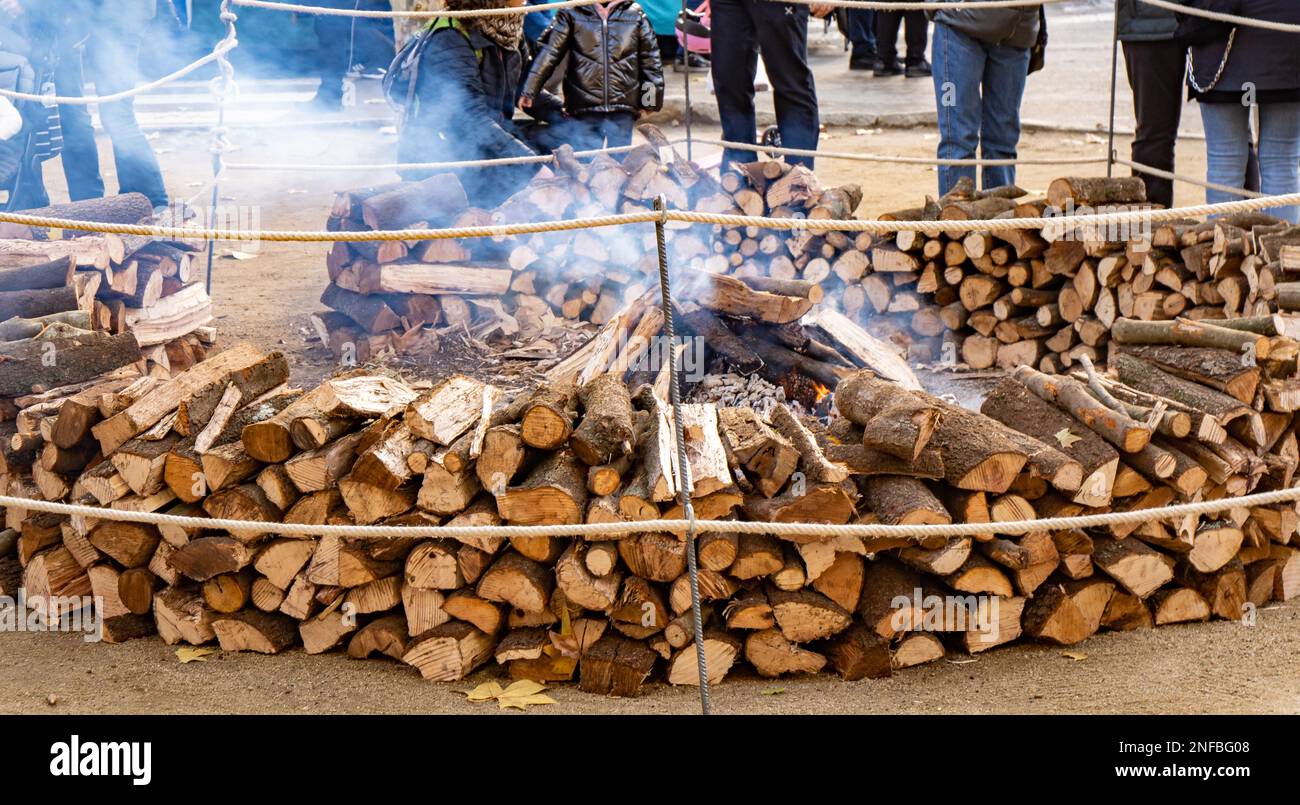 Start of big bonfire coming out smoke with wooden logs in a popular