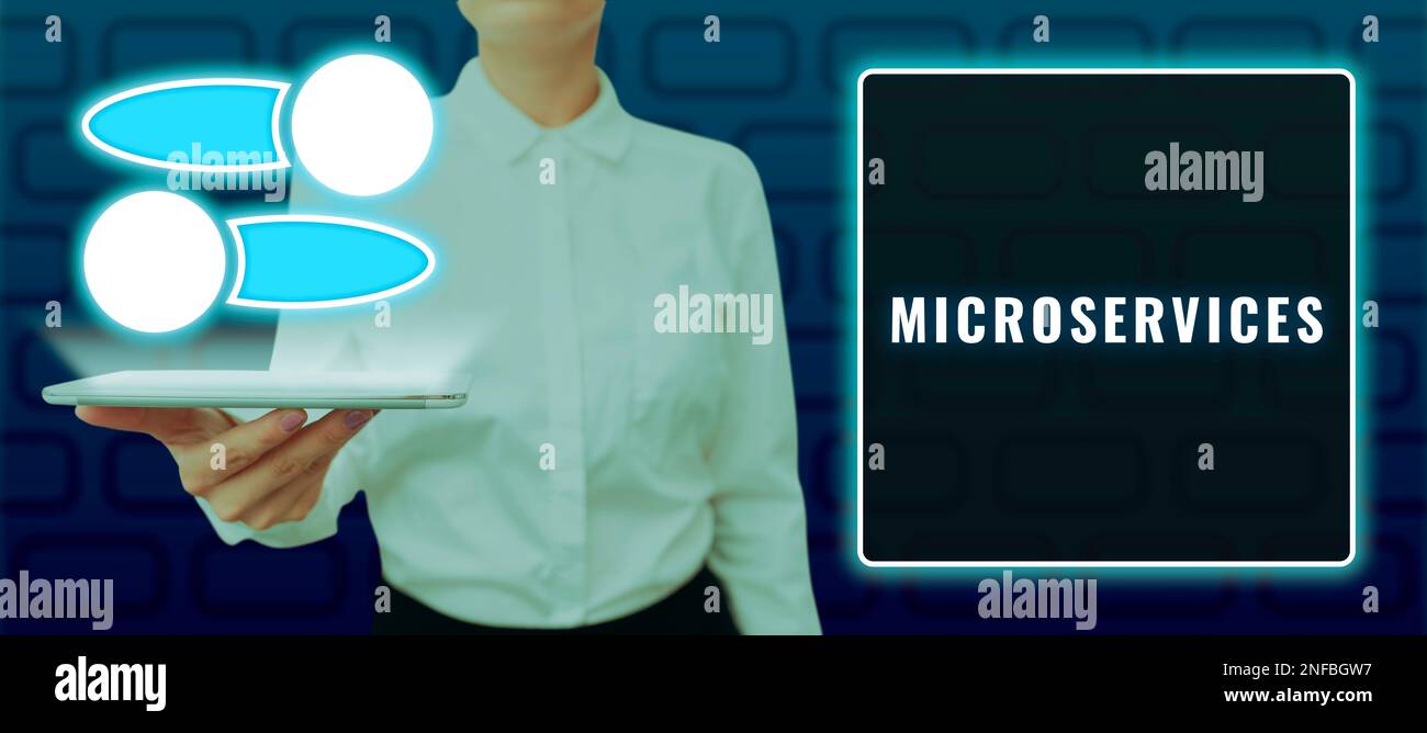 Hand writing sign Microservices, Business showcase Software development technique Building single function module Stock Photo