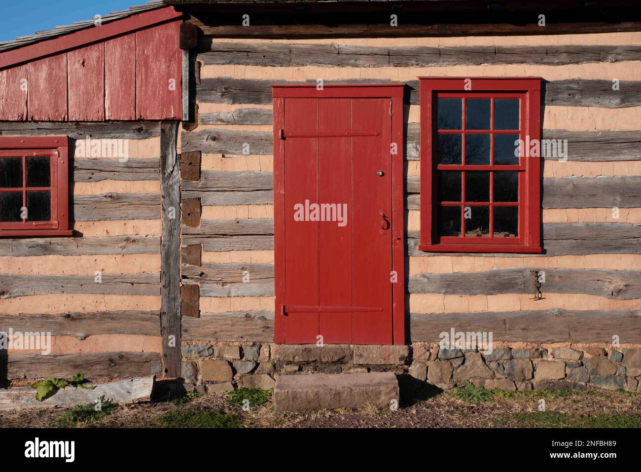 Closeup of exterior of Pennsylvania historic log cabin. Excellent texture and architectural detail and features. Stock Photo