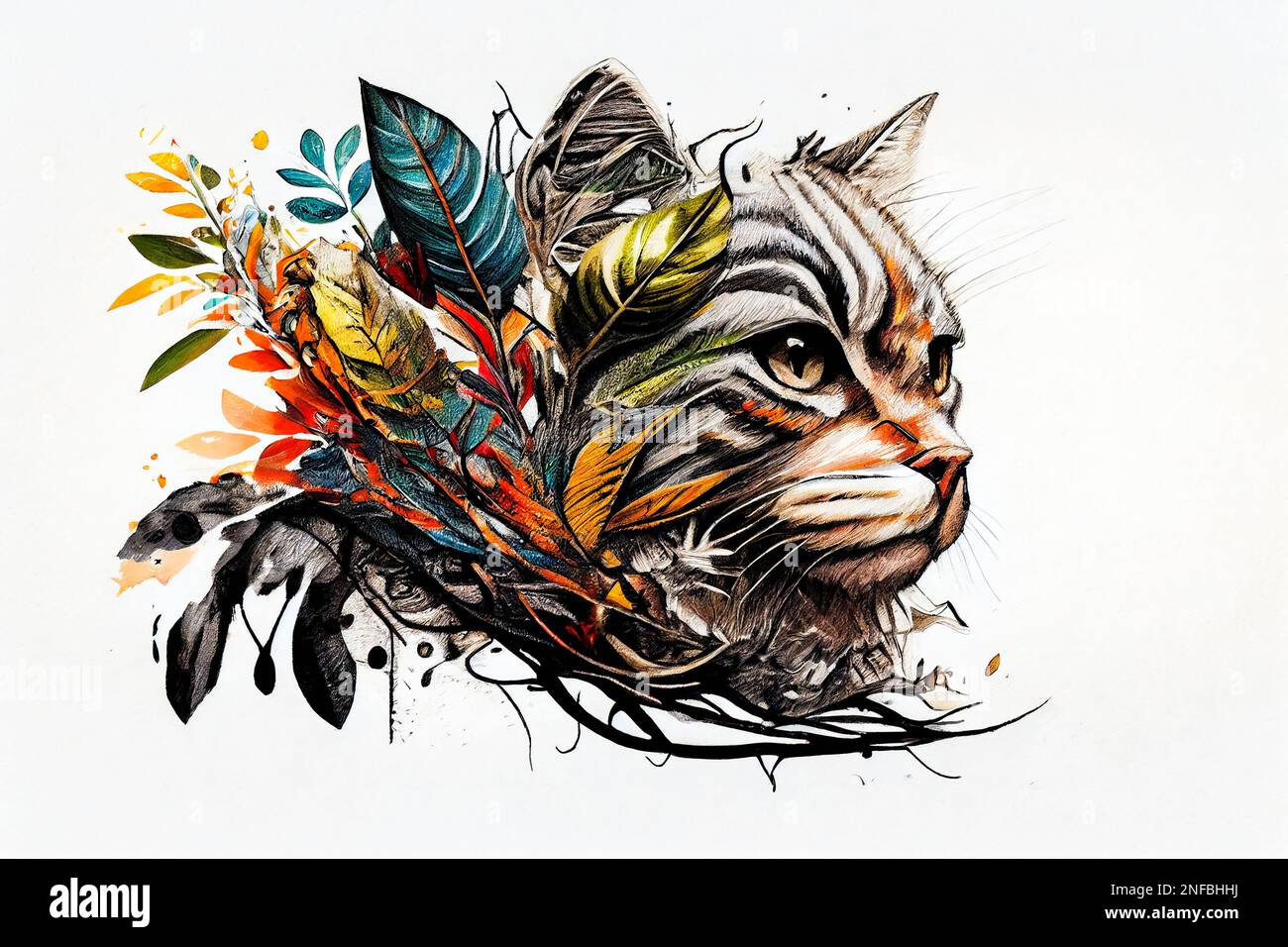Artistic Cat Tattoo Design With Innovative Plant Art on White Background Stock Photo - Alamy