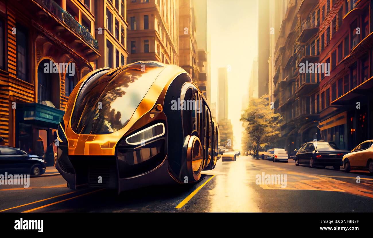 Driverless car navigating through a city street, illustrating the 