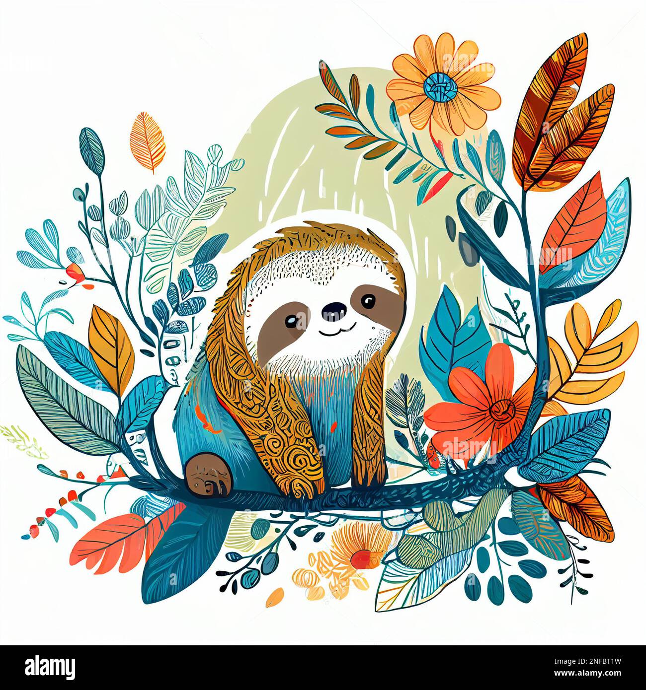 Kawaii sloth boho style doodle Illustration. Cute baby sloth animal