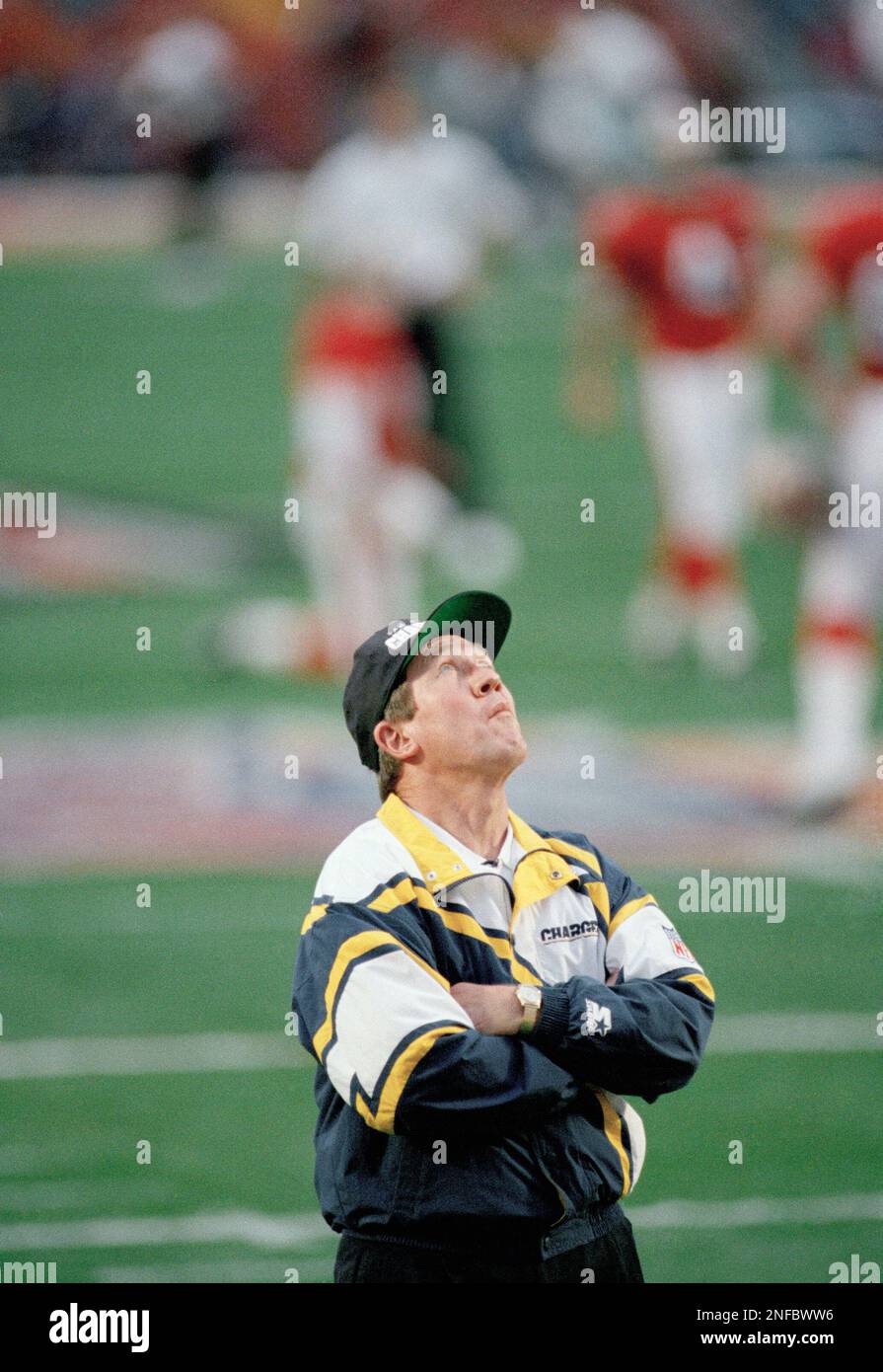 San Diego Chargers head coach Bobby Ross watches the aerial activity before  the start of Super Bowl XXIX against the San Francisco 49ers, Jan. 29, 1995  Joe Robbie Stadium in Miami. (AP