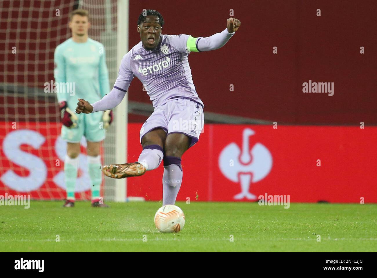 Axel Disasi of AS Monaco during the UEFA Europa League, Play-off, 1st leg football match between Bayer Leverkusen and AS Monaco on February 16, 2023 at BayArena in Leverkusen, Germany - Photo: Laurent Lairys / DPPI/LiveMedia Stock Photo