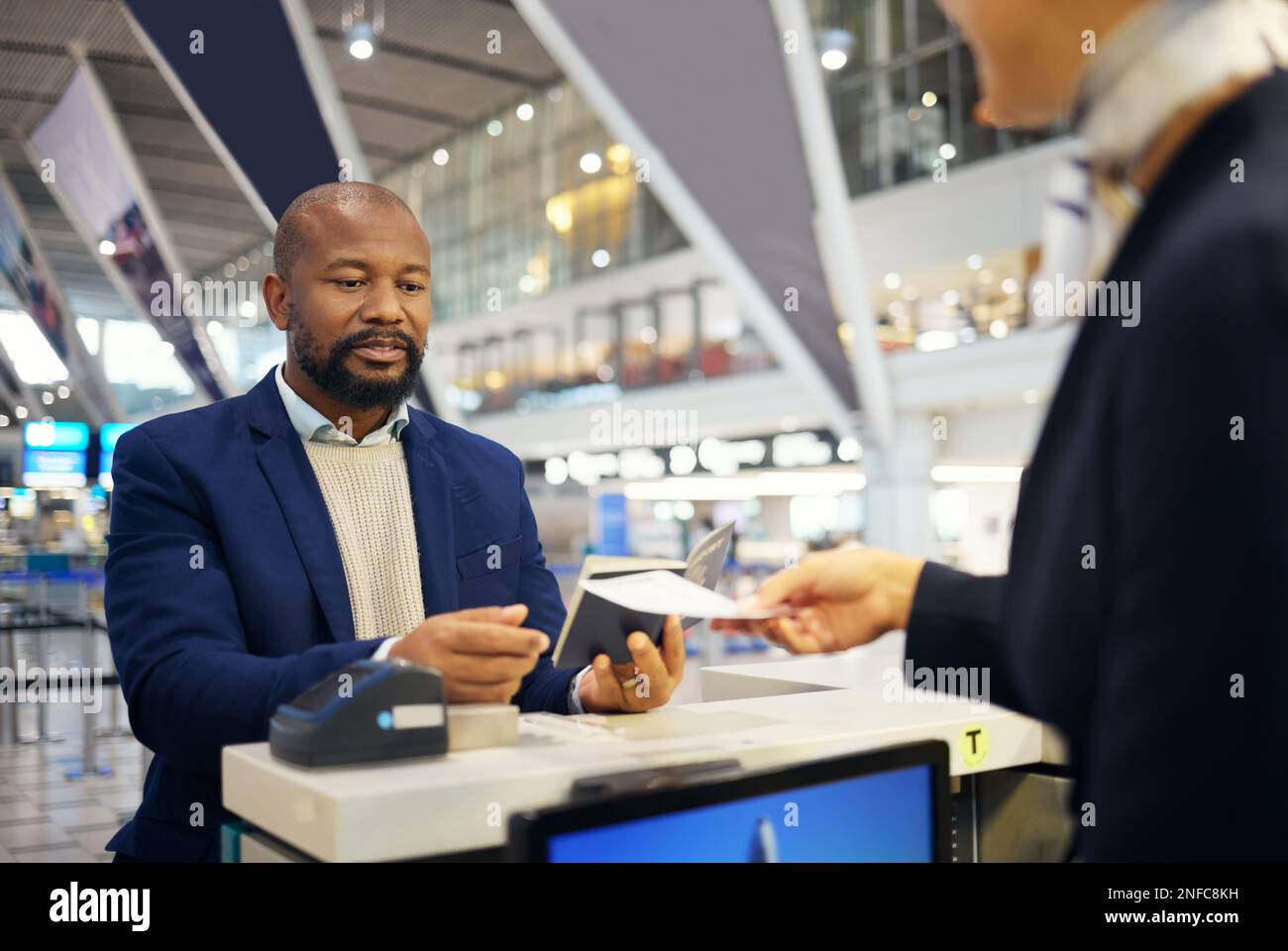 Airport, ticket service and business man or customer for booking, passport registration and desk