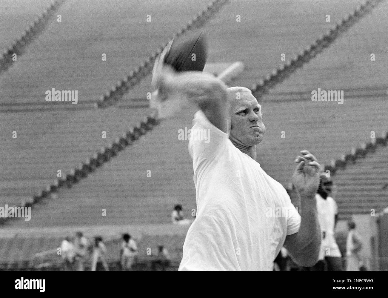 Pittsburgh Steelers quarterback Terry Bradshaw unleashes a pass during practice in Chicago s Soldier Field July 23 1976. Bradshaw and the two time Super Bowl champion Steelers take on the 1976 College...