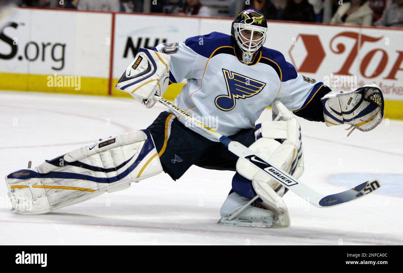 St. Louis Blues' Chris Mason during the third period of the NHL hockey game  at HSBC Arena in Buffalo, N.Y., Wednesday, Nov. 12, 2008. (AP Photo/David  Duprey Stock Photo - Alamy