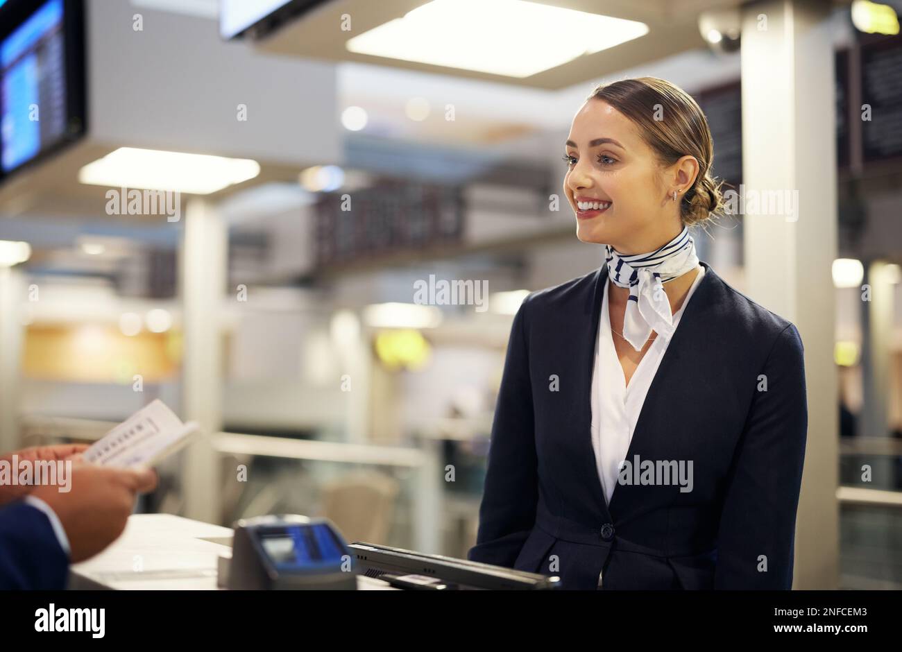 Airport, help desk and woman with customer services, ticket booking and