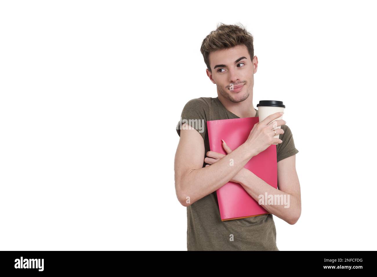 Young caucasian student smiling with a folder and a coffee, isolated. Stock Photo