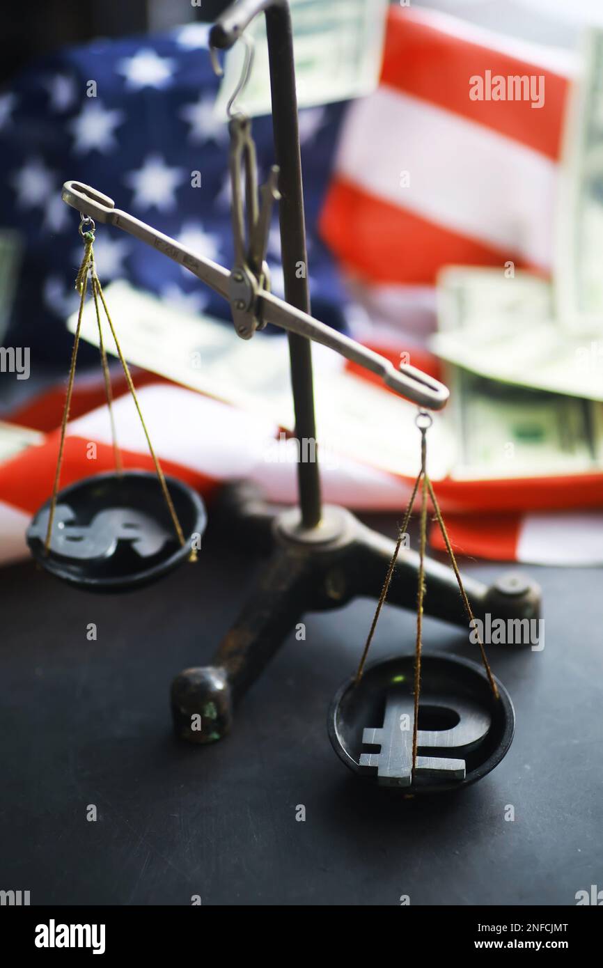 United States Law, scales of justice and American flag. Concept. Money