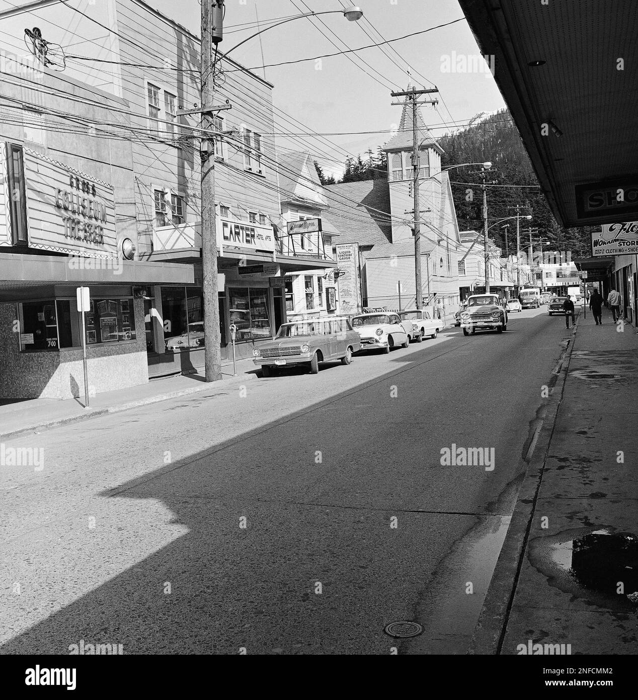 Photo show view of one of Ketchikan's downtown streets, showing