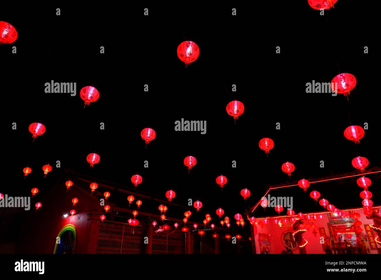 Red Lanterns That Light Up At Night, At The 2023 Chinese New Year's Eve Event In Muntok City, Indonesia Stock Photo