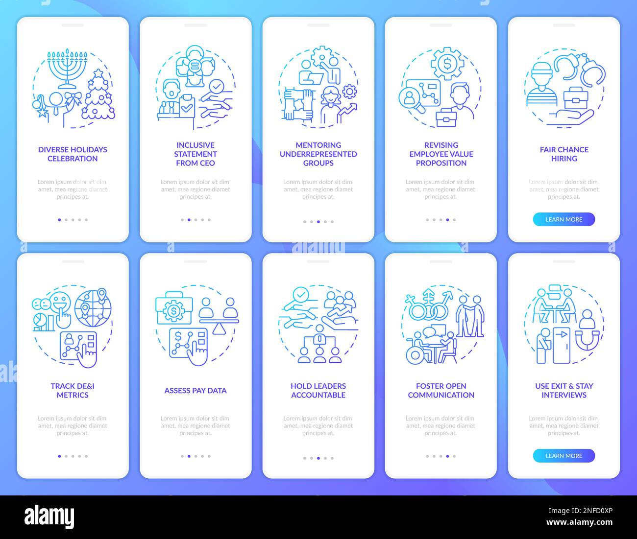 DEI programs for workplace blue gradient onboarding mobile app screens set Stock Vector