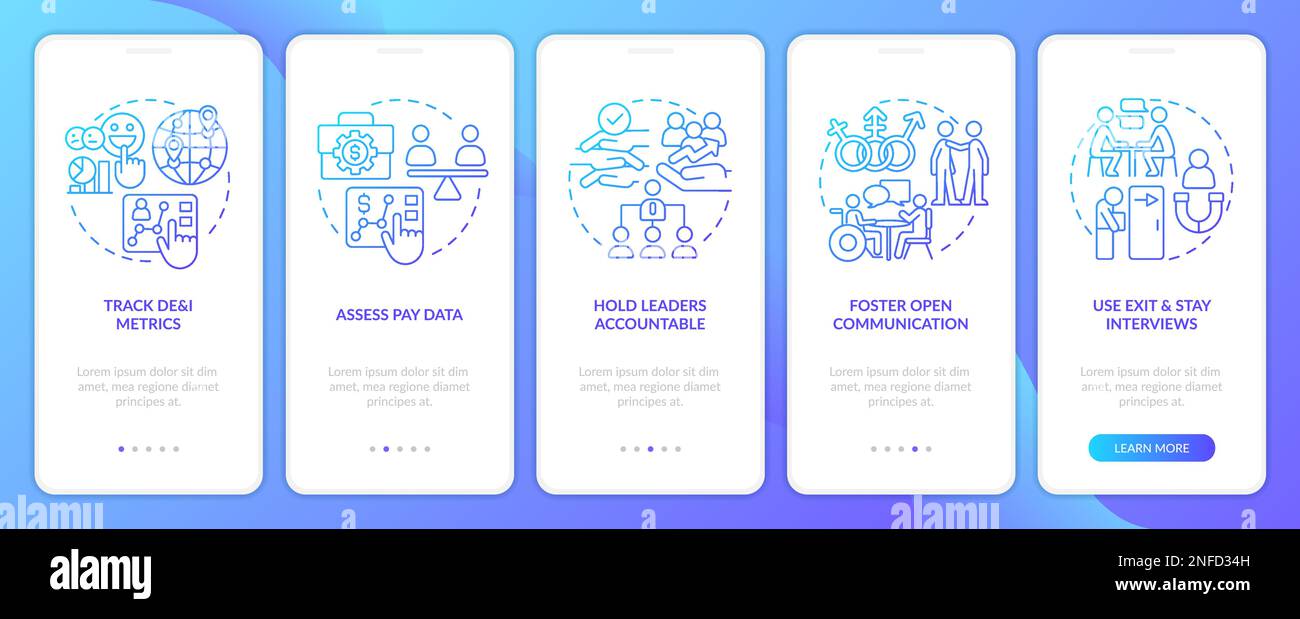 Making DEI efforts efficiency blue gradient onboarding mobile app screen Stock Vector