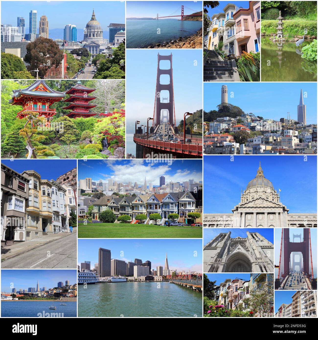 San Francisco collage - photo collection with Nob Hill, Telegraph Hill, Grace Cathedral and Golden Gate Bridge. Stock Photo