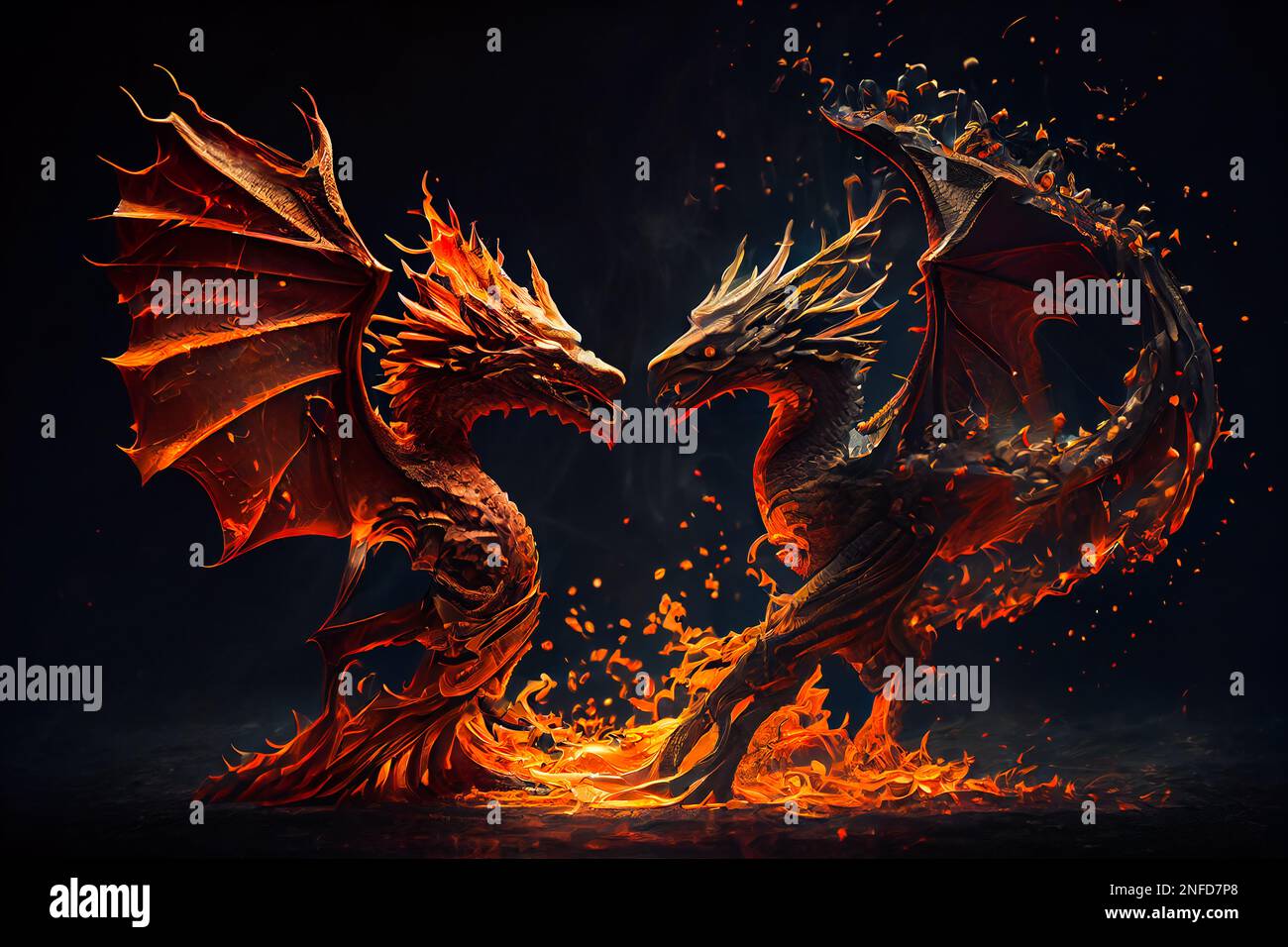 Two fire breathing dragons. Dragons fighting. Generative AI Stock Photo